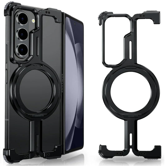 Samsung Galaxy Z Fold 5 Frameless Metal Bumper Case with 360 Magnetic Stand Ring - Black