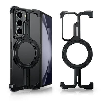 Samsung Galaxy Z Fold 6 Frameless T Shape Metal Bumper Case with Magnetic Ring Stand