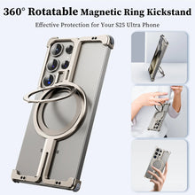 Samsung Galaxy S25 Ultra Frameless Metal Shockproof Bumper Case with Magsafe & 360° Rotatable Ring Kickstand - Black
