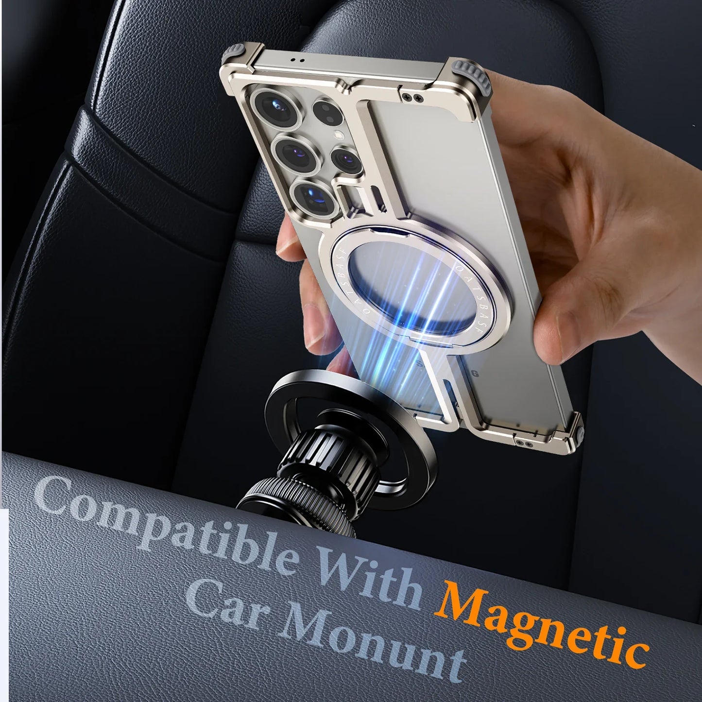 Samsung Galaxy S25 Ultra Frameless Metal Shockproof Bumper Case with Magsafe & 360° Rotatable Ring Kickstand - Titanium