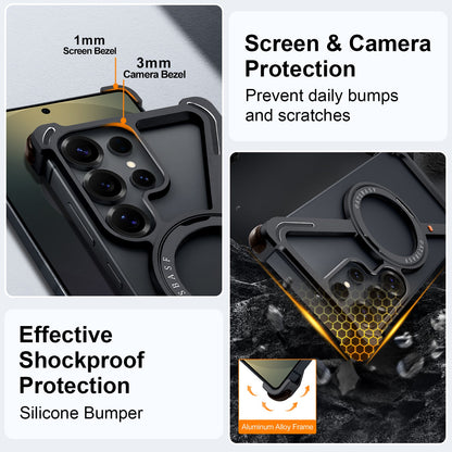 Samsung Galaxy S25 Ultra Z Shape Metal Bumper Case with Magsafe & 360° Rotatable Kickstand - Black