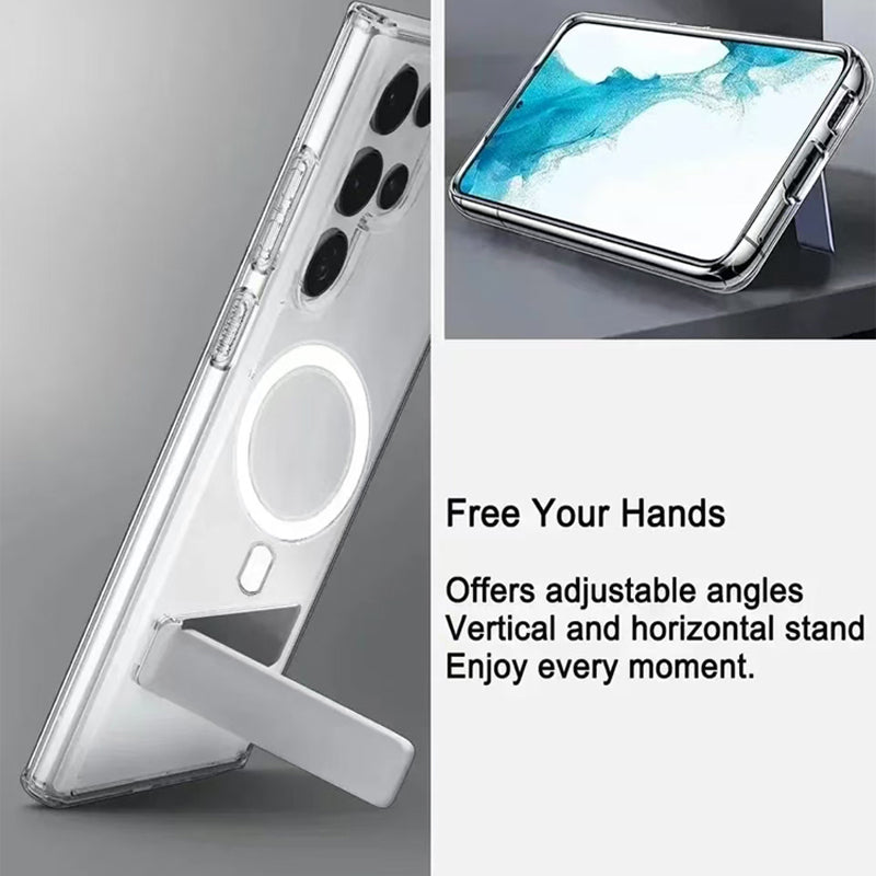 Samsung Galaxy S25 Ultra Magsafe Clear Shockproof Case with Metal Kickstand Holder - Clear