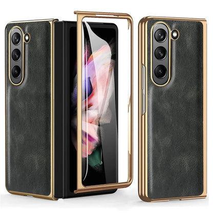 Samsung Galaxy Z Fold 6 Retro Leather Case with Gold Plating & Front Glass