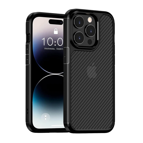 iPhone 15 Pro Max Carbon Fiber Texture Shockproof Case - Black