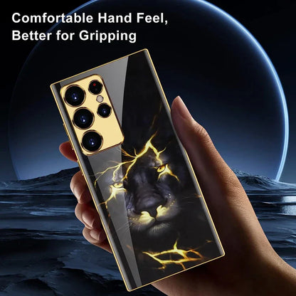 Samsung Galaxy S23 Ultra Original Glass Case with Lion Print & Golden Chrome