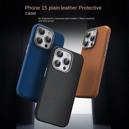 iPhone 15 Pro Genuine Leather Case Luxury Business Style Back Cover Case-Brown