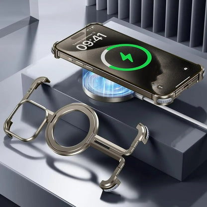 iPhone 15 Pro Max Pure Metal Framless Magnetic Impact Resistance Bumper Case with Stand - Titanium