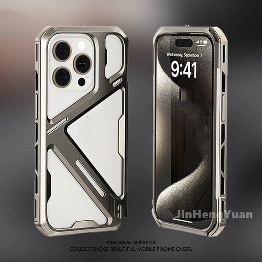 iPhone 15 Pro Titanium Alloy Mechanical Armor Hollow Heat Dissipation Shockproof Case - Titanium