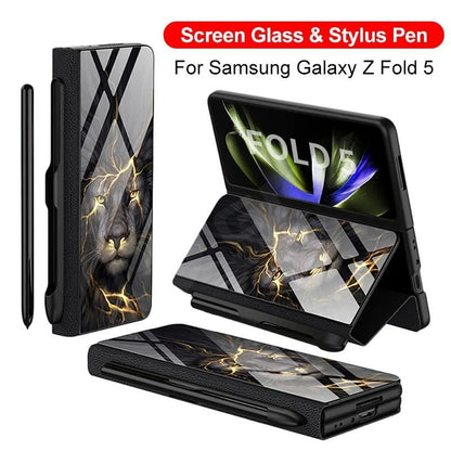 Samsung Galaxy Z Fold 6 GKK Lion Pattern Glass Flip Case With Front Glass - Black