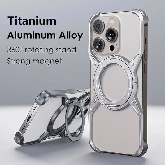 iPhone 16 Pro Max Metal Alloy X Shape Bumper Case with Magsafe & Rotating Stand - Silver