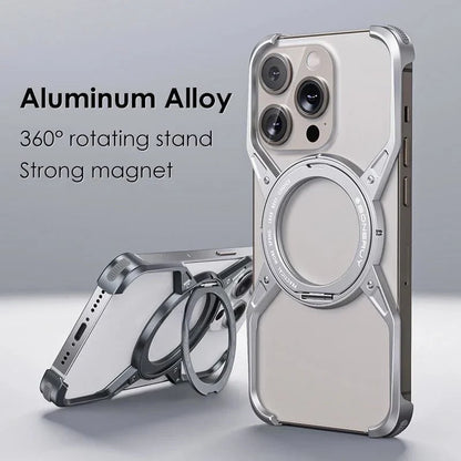 iPhone 16 Pro Max Metal Alloy X Shape Bumper Case with Magsafe & Rotating Stand - Gray