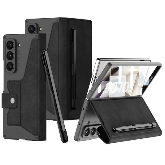 Samsung Z Fold 6 Leather Flip Wallet Card Holder Case With Glass Protector & S Pen Slot