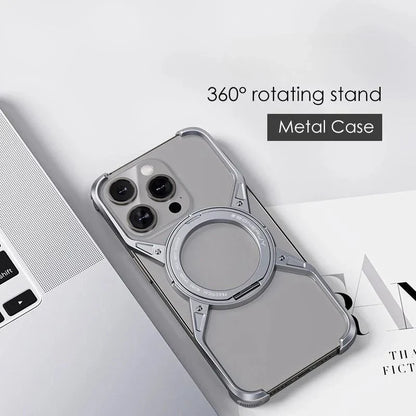 iPhone 16 Pro Max Metal Alloy X Shape Bumper Case with Magsafe & Rotating Stand - Silver