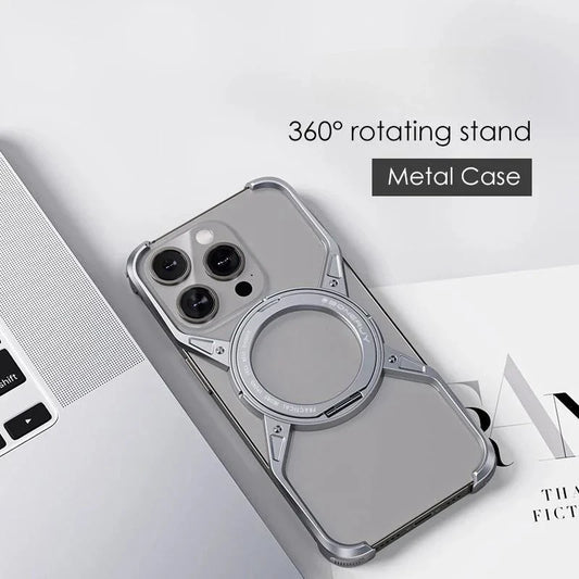 iPhone 16 Pro Max Metal Alloy X Shape Bumper Case with Magsafe & Rotating Stand - Gray